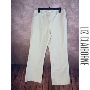 Liz Claiborne~Khaki glazed cotton trousers straight legs~women’s size 14~EUC